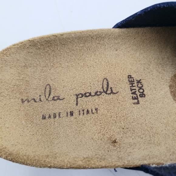 Mila Paoli Women 9.5 Cork Wedge Leather Sandals Blue Toe Wrap Braid Buckle Strap - Picture 9 of 11